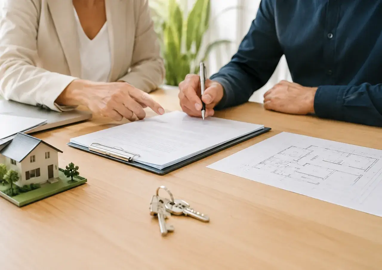 Firma de un contrato de arras para la compra de una vivienda. Se ven planos, llaves y una maqueta de casa.
