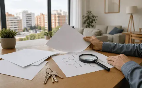 Hombre revisa planos de un piso con lupa y llaves, investigando como saber si un piso tiene cargas.