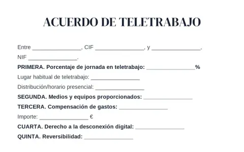 Acuerdo de teletrabajo, detallando porcentaje, lugar, medios, compensación y derecho a desconexión, conforme a la ley teletrabajo.
