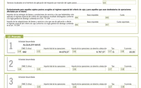 Detalle de prorratas de IVA para "ALQUILER NAVE", con importes de operaciones y porcentaje de prorratas. La factura a origen se refleja en los cálculos.