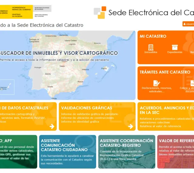 Interfaz de la Sede Electrónica del Catastro, con buscador de inmuebles y visor cartográfico. Acceso a trámites, notificaciones y valor de referencia, incluyendo la información de referencia catastral.