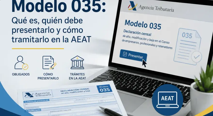 Información sobre el **modelo 035**: quién debe presentarlo, cómo hacerlo y los trámites en la AEAT. Se muestra un formulario y una pantalla de ordenador.