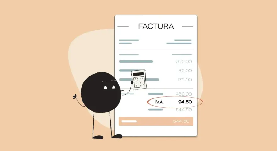 Un personaje animado muestra una calculadora junto a una factura, ilustrando cómo calcular el IVA.