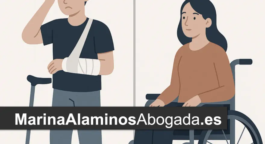 Hombre con brazo en cabestrillo y muleta, y mujer en silla de ruedas.