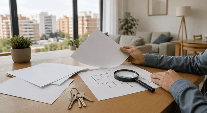 Hombre revisa planos de un piso con lupa y llaves, investigando como saber si un piso tiene cargas.