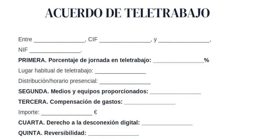 Acuerdo de teletrabajo, detallando porcentaje, lugar, medios, compensación y derecho a desconexión, conforme a la ley teletrabajo.
