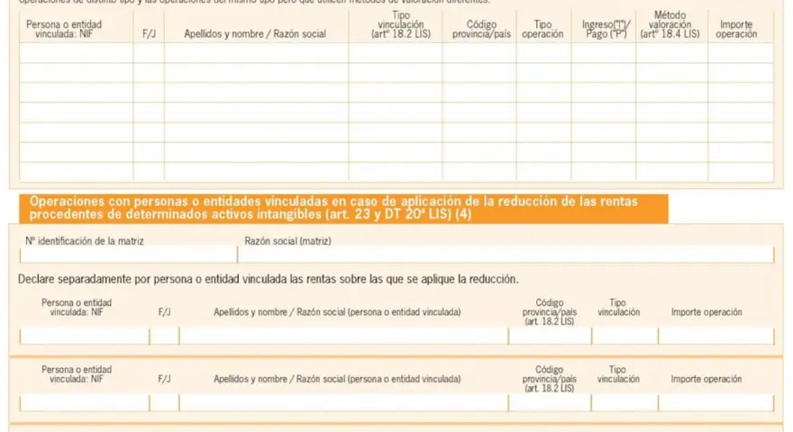 Formulario para declarar operaciones con personas o entidades vinculadas, incluyendo el modelo 232.