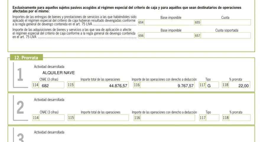 Detalle de prorratas de IVA para "ALQUILER NAVE", con importes de operaciones y porcentaje de prorratas. La factura a origen se refleja en los cálculos.