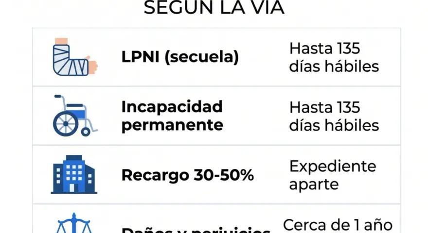 Tabla compara tiempos de cobro: LPNI (secuela) y incapacidad permanente hasta 135 días hábiles; recargo 30-50% en expediente aparte; daños y perjuicios cerca de 1 año si hay juicio.