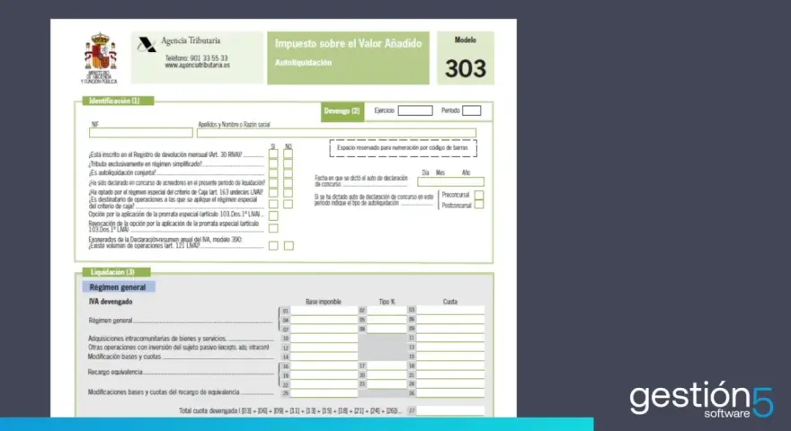 Formulario Modelo 303 para la autoliquidación del IVA. Incluye campos para datos de identificación, devengo y liquidación, con secciones para el IVA devengado y recargo de equivalencia. Las iva trimestral fechas se refieren al periodo de devengo.