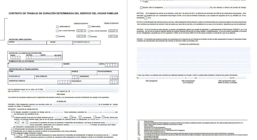 Contrato de trabajo de empleada de hogar. Detalla cuánto cuesta dar de alta a una empleada de hogar, incluyendo datos del empleador, trabajador y cláusulas.