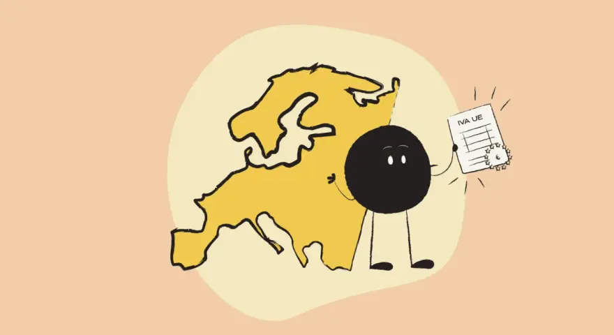 Un personaje negro sonriente junto a un mapa de Europa, mostrando un documento con las partes de una factura y el símbolo del euro.