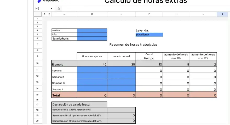 Hoja de cálculo para calcular el pago de horas extras, mostrando horas trabajadas, horario normal y aumentos.