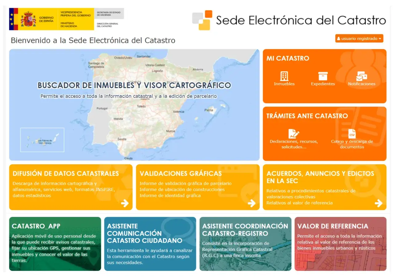 Interfaz de la Sede Electrónica del Catastro, con buscador de inmuebles y visor cartográfico. Acceso a información catastral y trámites.