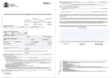 Contrato de trabajo de empleada de hogar. Se detalla información sobre la jornada, salario y condiciones. Pregunta implícita: cuanto cobra una empleada de hogar por 15 horas semanales.