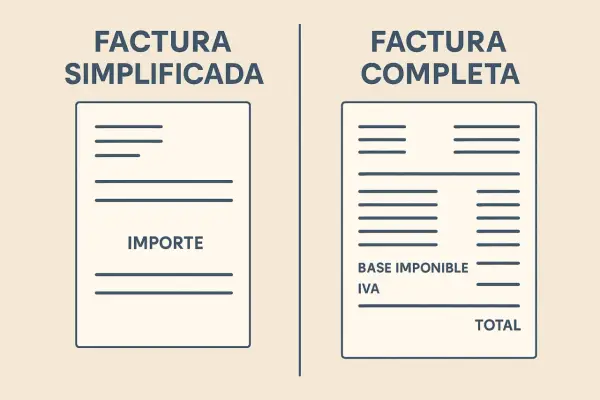 Comparación visual: factura simplificada o ticket con solo importe, frente a factura completa con base imponible, IVA y total.