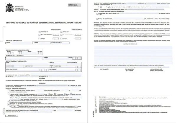 Contrato de trabajo de empleada de hogar. Se detalla información sobre la jornada, salario y condiciones. Pregunta implícita: cuanto cobra una empleada de hogar por 15 horas semanales.