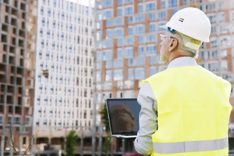 Ingeniero con casco y chaleco reflectante revisa un portátil frente a edificios en construcción. A pesar de un posible **ite desfavorable**, su mirada es decidida.