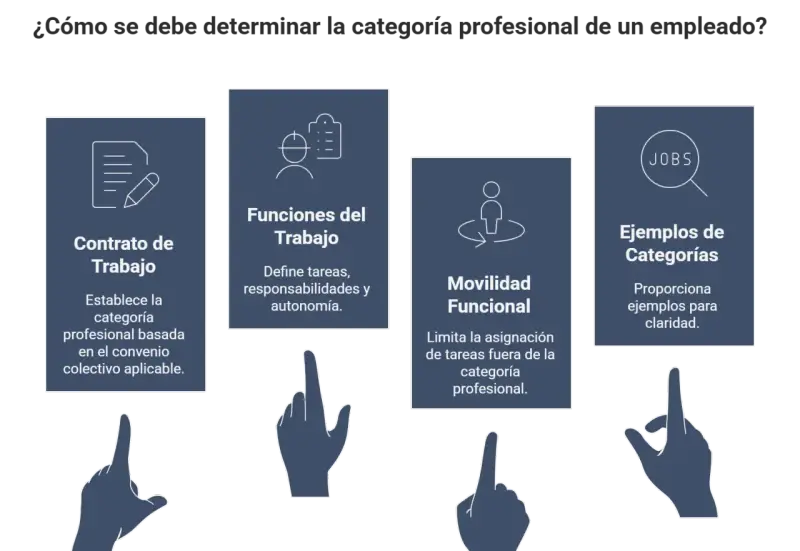 Diagrama sobre cómo determinar la categoría profesional de un empleado, cubriendo contrato, funciones, movilidad y ejemplos.