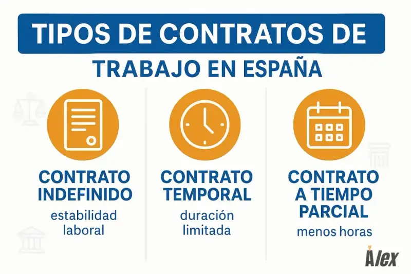 Ilustración de tipos de contratos laborales en España: contrato indefinido, temporal y a tiempo parcial. El contrato indefinido ofrece estabilidad laboral.