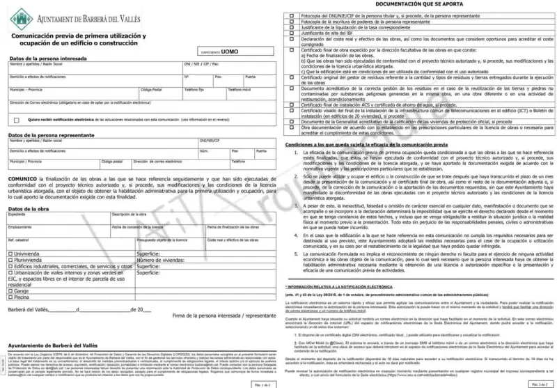 Formulario del Ayuntamiento de Barberà del Vallès para la comunicación previa de primera utilización y ocupación de un edificio, solicitando la **cédula de habitabilidad**.