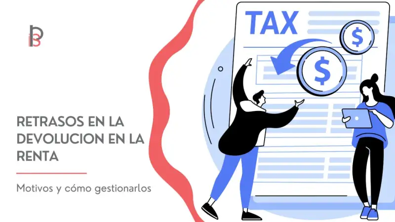 Ilustración de personas gestionando retrasos en la devolución de la renta, con un documento de TAX y monedas de dólar.