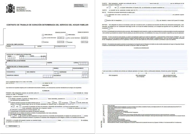 Contrato de trabajo de empleada de hogar. Se detalla información sobre la jornada, salario y condiciones. Pregunta implícita: cuanto cobra una empleada de hogar por 15 horas semanales.